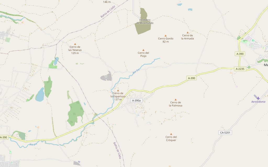 Mapa de la campiña de Medina Sidonia (Cádiz), con la zona de la casa de la campiña marcada con un círculo